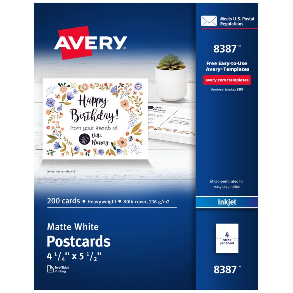 Avery® Printable Postcards, 4.25" x 5.5", Matte White, 200 Blank Postcards for Inkjet Printers