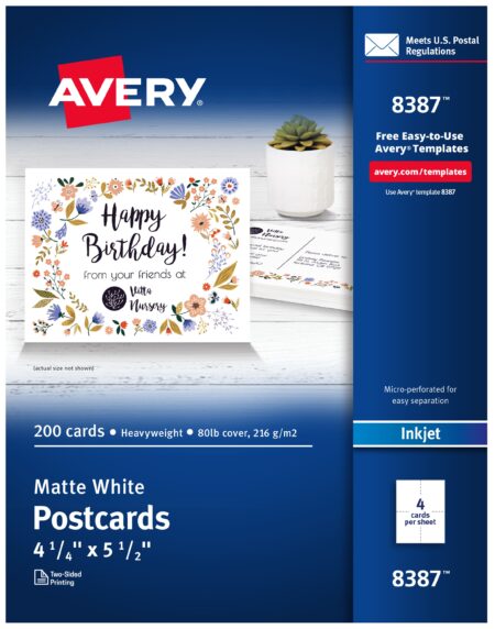 Avery® Printable Postcards, 4.25" x 5.5", Matte White, 200 Blank Postcards for Inkjet Printers