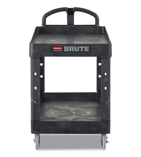 Rubbermaid Commercial BRUTE Heavy-Duty Utility Cart with Lipped Shelves, Plastic, 2 Shelves, 500 lb Capacity, 17.13" x 38.5" x 38.88", Black (450088BK)