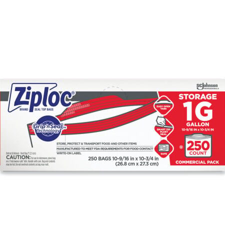 Ziploc Double Zipper Storage Bags, Triple System Seal, Gallon, 10.56" x 10.75", Clear, 250/Box