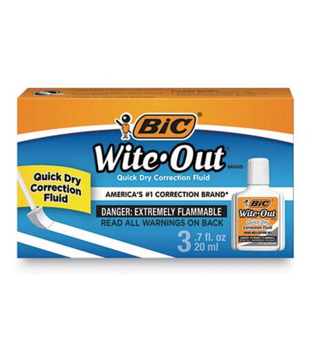 BIC Wite-Out Quick Dry Correction Fluid, 20 mL Bottle, White, 3/Pack
