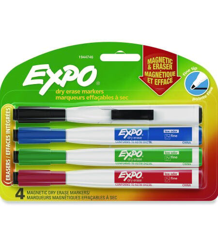 EXPO Magnetic Dry Erase Marker, Fine Bullet Tip, Assorted Colors, 4/Pack