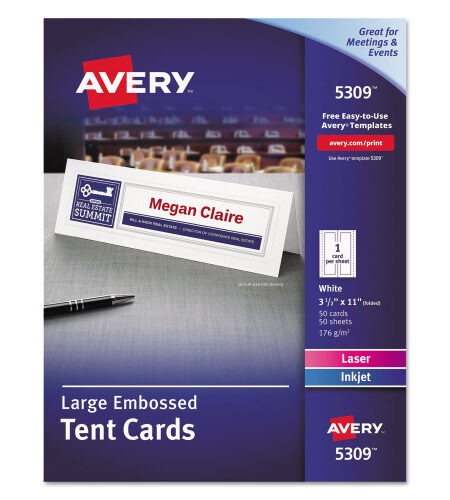 Avery Large Embossed Tent Card, White, 3.5 x 11, 1 Card/Sheet, 50 Sheets/Box (5309)