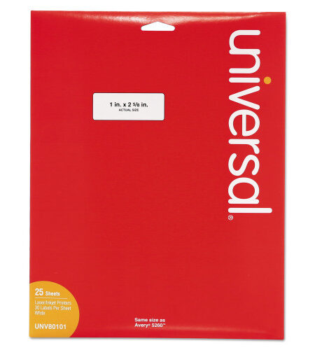 Universal White Labels, Inkjet/Laser Printers, 1 x 2.63, White, 30/Sheet, 25 Sheets/Pack