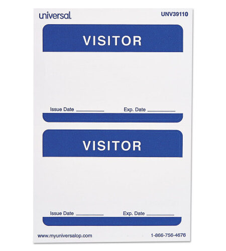 Universal Visitor Self-Adhesive Name Badges, 3.5 x 2.25, White/Blue, 100/Pack