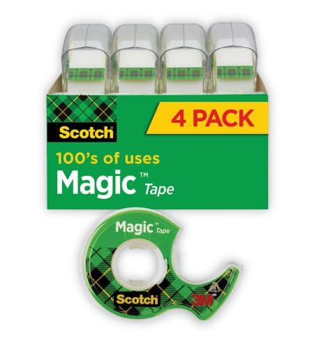 Scotch Magic Tape in Handheld Dispenser, 1" Core, 0.75" x 25 ft, Clear, 4/Pack (4105)