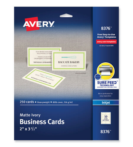 Avery Printable Microperforated Business Cards w/Sure Feed Technology, Inkjet, 2 x 3.5, Ivory, 250 Cards, 10/Sheet, 25 Sheets/Pack