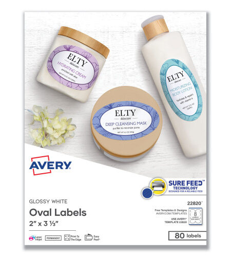 Avery Oval Labels w/ Sure Feed and Easy Peel, 2 x 3.33, Glossy White, 80/Pack