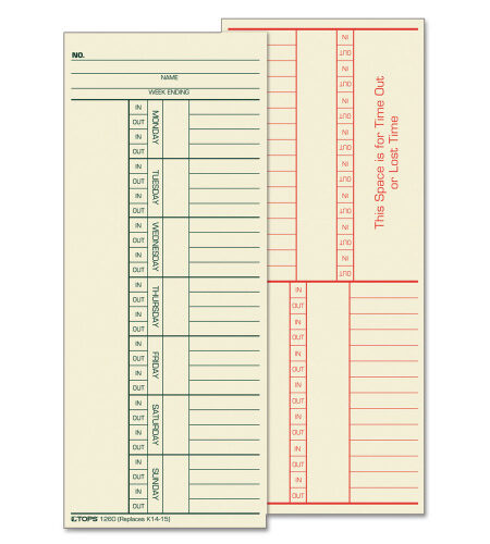 TOPS Time Clock Cards, Replacement for K14-15, Two Sides, 3.38 x 8.25, 500/Box