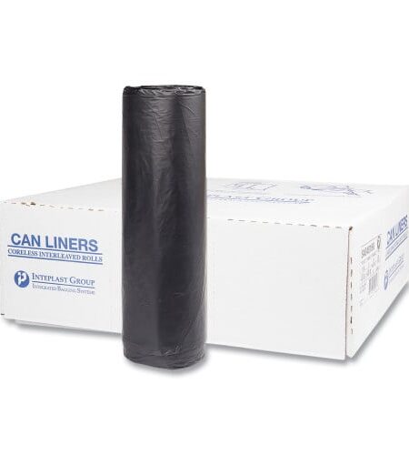 Inteplast Group High-Density Commercial Can Liners, 45 gal, 16 mic, 40" x 48", Black, Interleaved Roll, 25 Bags/Roll, 10 Rolls/Carton (S404816K)