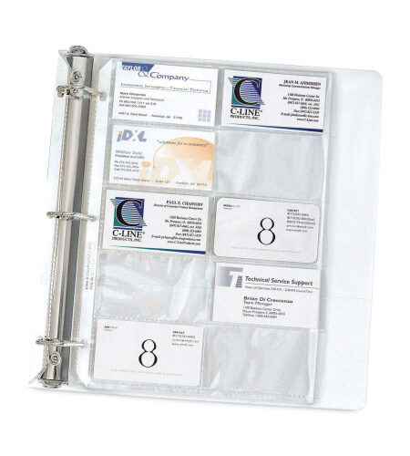 C-Line Business Card Binder Pages, For 2 x 3.5 Cards, Clear, 20 Cards/Sheet, 10 Sheets/Pack