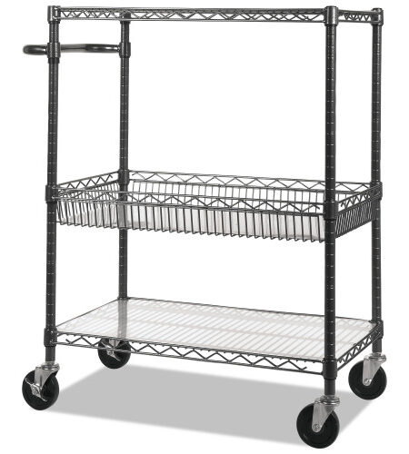 Alera Three-Tier Wire Cart with Basket, Metal, 2 Shelves, 1 Bin, 500 lb Capacity, 34" x 18" x 40", Black Anthracite