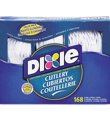 Dixie Combo Pack, Tray with White Plastic Utensils, 56 Forks, 56 Knives, 56 Spoons (CM168)