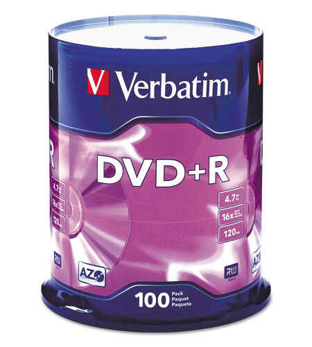 Verbatim DVD+R Recordable Disc, 4.7 GB, 16x, Spindle, Silver, 100/Pack