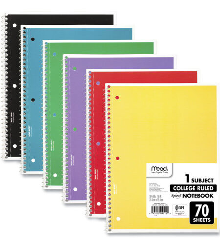 Mead Spiral Notebook, 1-Subject, Medium/College Rule, Assorted Cover Colors, (70) 10.5 x 8 Sheets, 6/Pack (73065)
