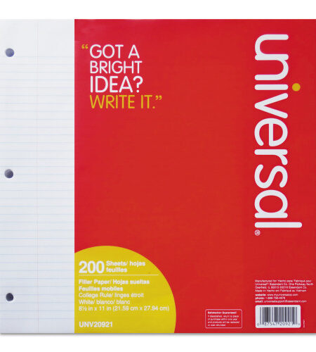 Universal Filler Paper, 3-Hole, 8.5 x 11, Medium/College Rule, 200/Pack (UNV20921)