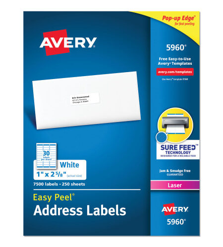 Avery Easy Peel White Address Labels w/ Sure Feed Technology, Laser Printers, 1 x 2.63, White, 30/Sheet, 250 Sheets/Pack (5960)