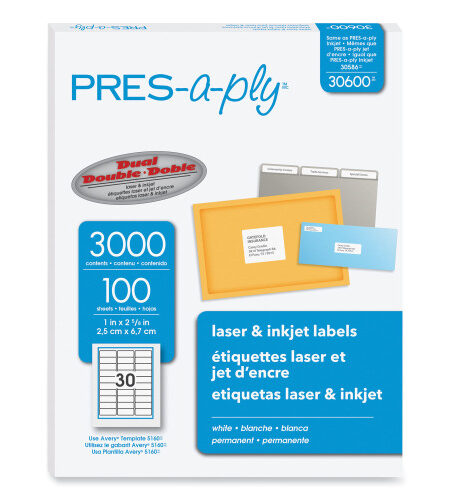 PRES-a-ply Labels, Laser Printers, 1 x 2.63, White, 30/Sheet, 100 Sheets/Box (30600)