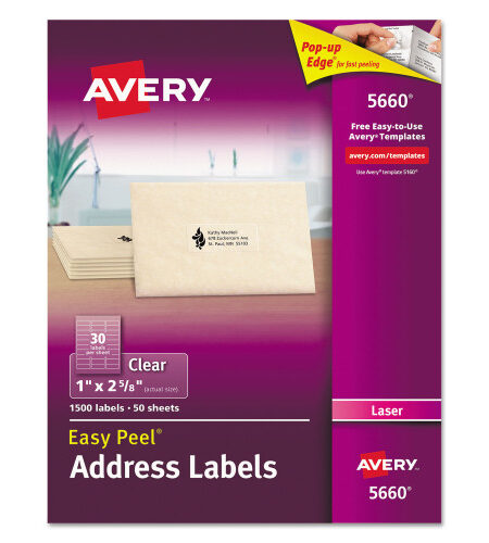 Avery Matte Clear Easy Peel Mailing Labels w/ Sure Feed Technology, Laser Printers, 1 x 2.63, Clear, 30/Sheet, 50 Sheets/Box (5660)