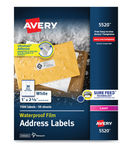 Avery Waterproof Address Labels with TrueBlock and Sure Feed, Laser Printers, 1 x 2.63, White, 30/Sheet, 50 Sheets/Pack (5520)
