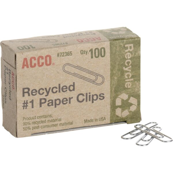 Acco® Recycled Paper Clips, No. 1 Size, 100/Box, 10 Boxes/Pack No. 1 - 1.3" Length - 10 Sheet Capacity - Durable, Reusable - Silver - Metal - 100 / Box (72365)