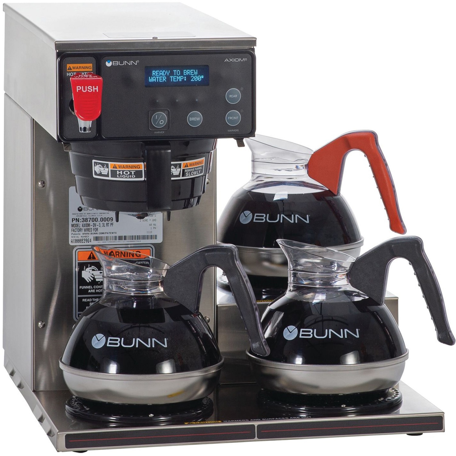 1012679690.jpg BUNN 12-cup Digital 3-Warmer Commercial Brewer Programmable - 1800 W - 1.56 gal - 12 Cup(s) - Multi-serve - Stainless Steel, Black - Steel Body (387000002) - Image 1