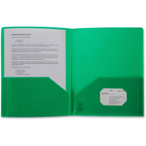 Business Source Letter Portfolio 8 1/2" x 11" - 30 Sheets Capacity - 2 Pocket(s) - Green - 1 Each (BSN20882)