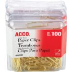ACCO Gold Tone Paper Clips No. 2 - 1.4" Length x 0.5" Width - 10 Sheet Capacity - for Office, Home, School, Document, Paper - Sturdy, Flex Resistant, Bend Resistant - Gold - 100/Box - 4 / Pack (72554)