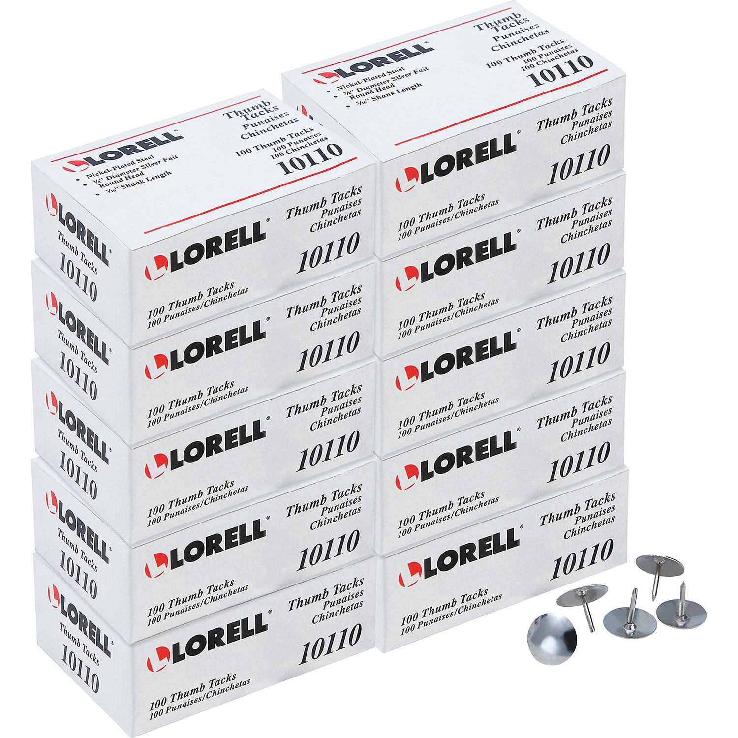 1040622810.jpg Lorell 5/16" Long Thumb Tacks 0.31" Shank - 0.38" Head - for Schedule, Wall - Silver - Nickel Plated Steel - 100/Pack - 10 / Box (LLR10110BX) - Image 1