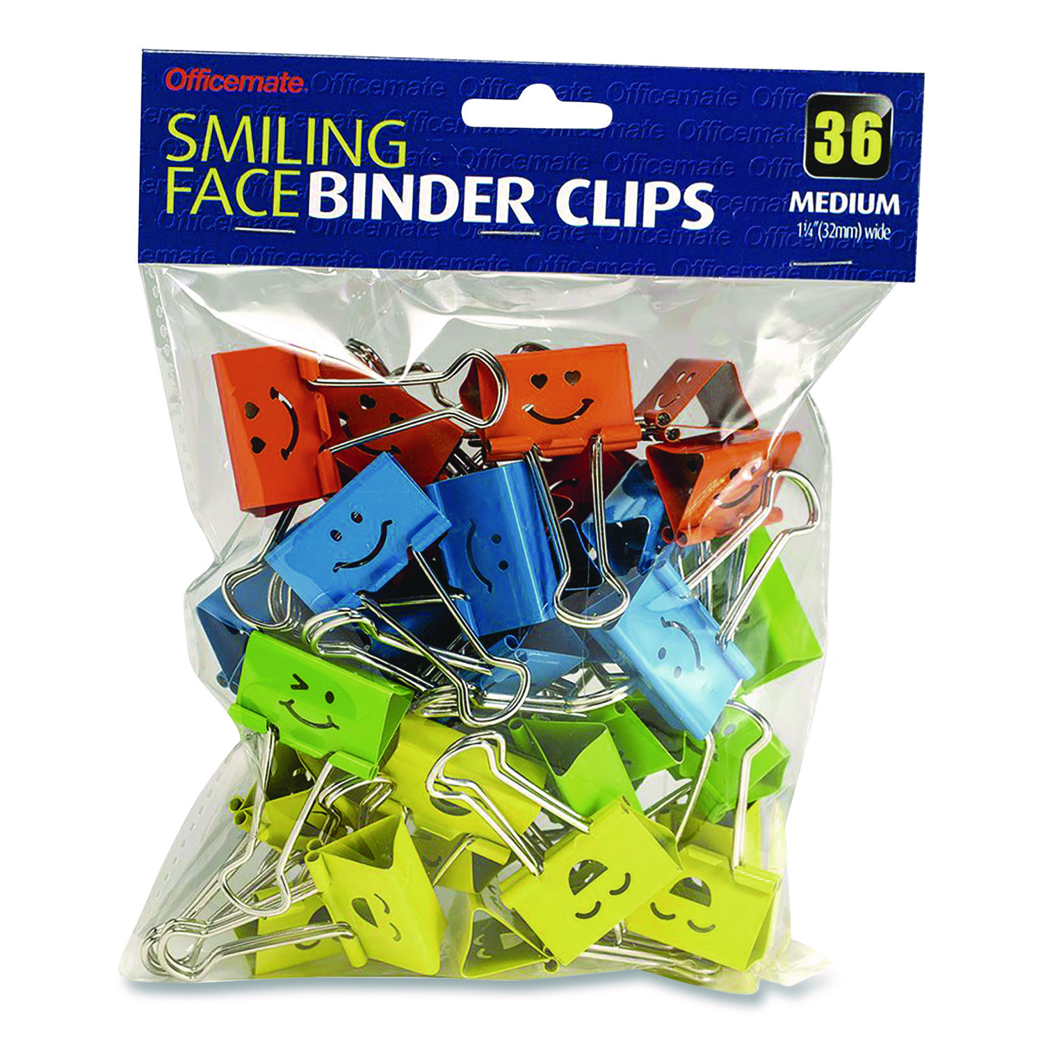 15071857.jpg Officemate Smiling Face Binder Clips, Medium, Assorted Colors, 36/Pack (31095) - Image 1