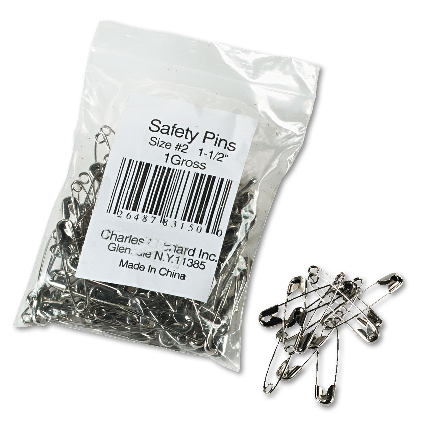 60052.jpg Charles Leonard Safety Pins, Nickel-Plated, Steel, 1.5" Length, 144/Pack (83150) - Image 1