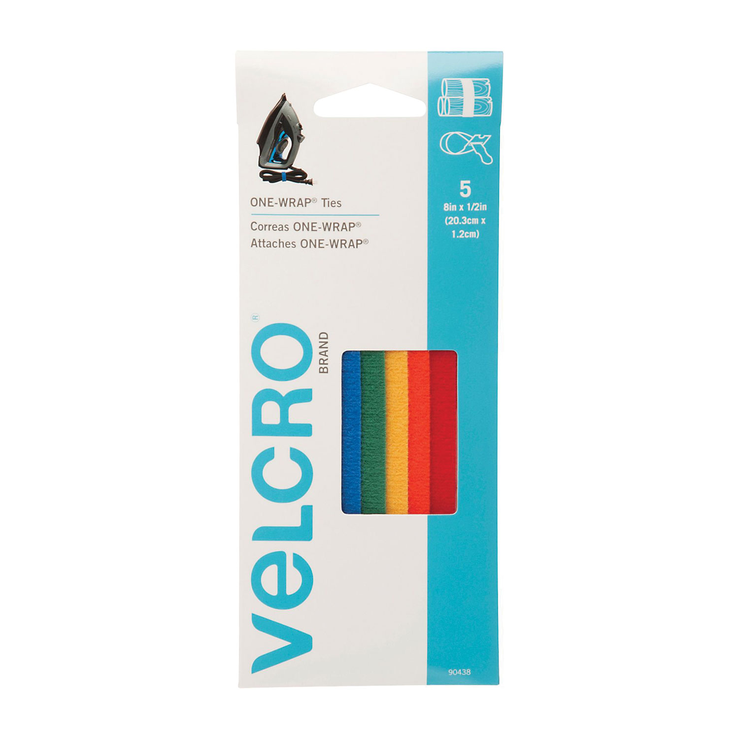 653580.jpg Velcro ONE-WRAP Pre-Cut Thin Ties, 0.5" x 8", Assorted Colors, 5/Pack (90438PK) - Image 1